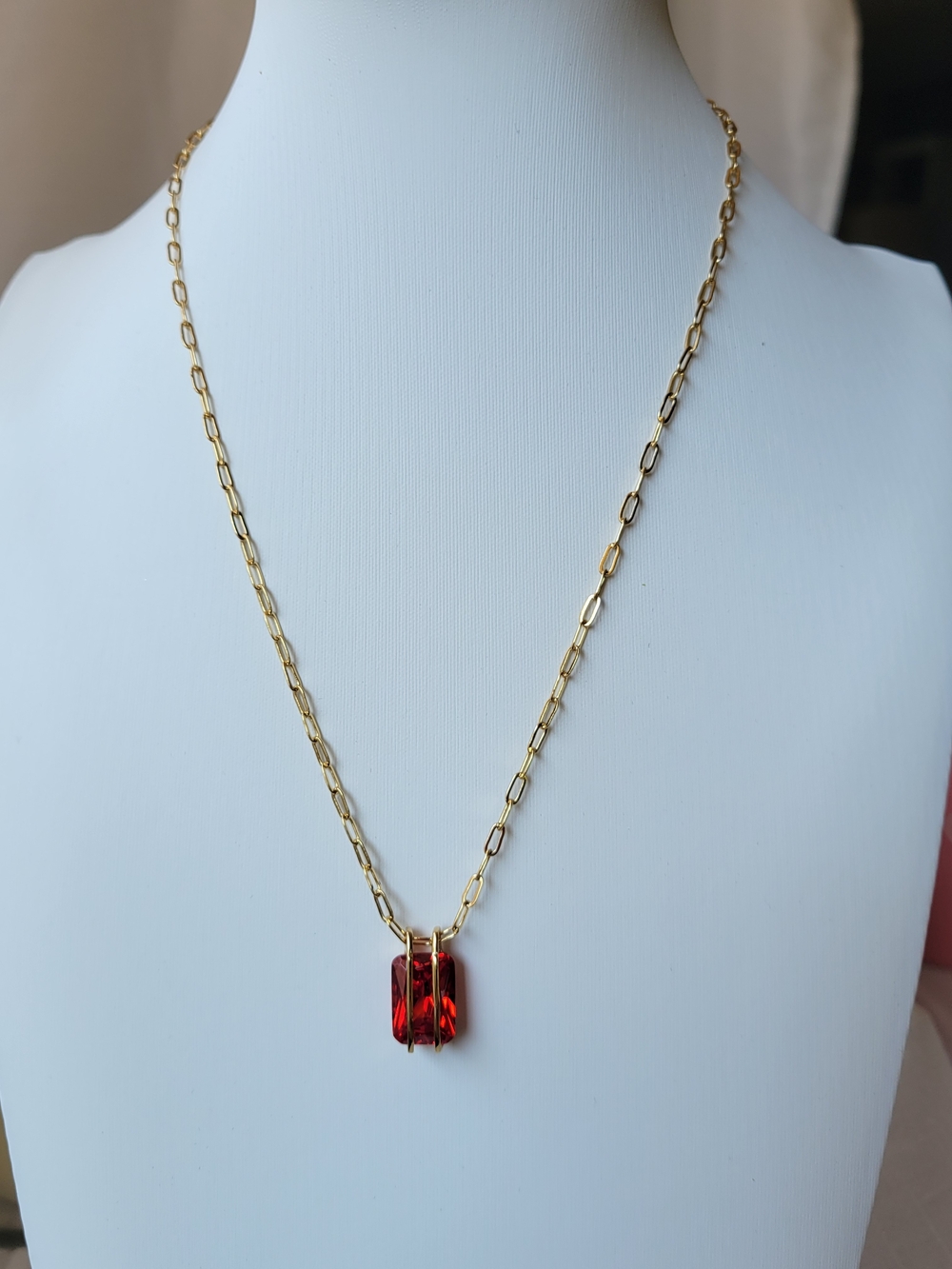 Gold Paperclip Chain Necklace with Red Crystal Pendant